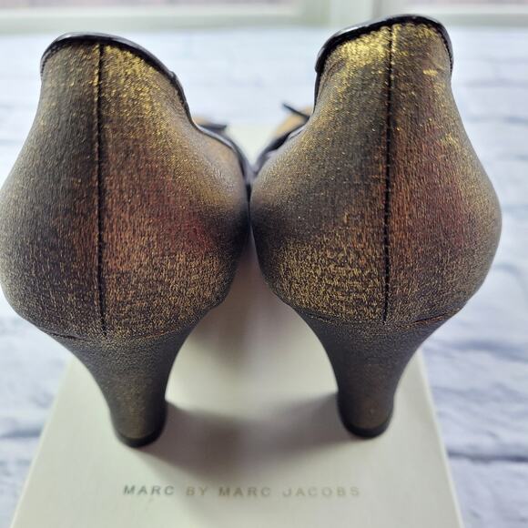 Marc Jacobs Bronze Taffeta Heels with Black Mesh Bows & Trim size 36 1/2 - Picture 10 of 15